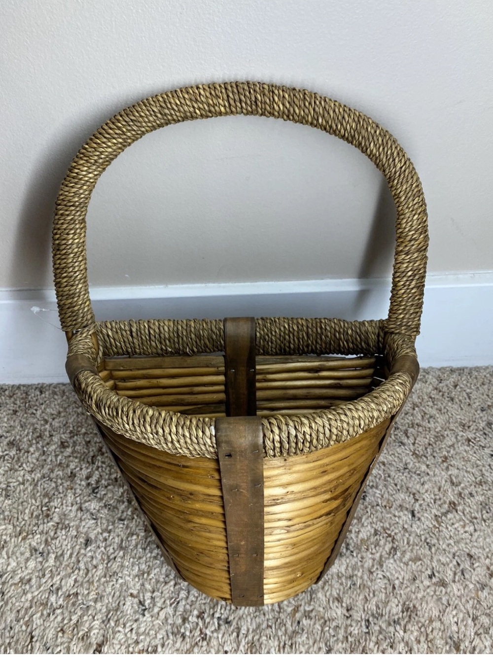 Handcrafted Vintage Large Bent Wood Half Round Basket With Braided Rim & Handle